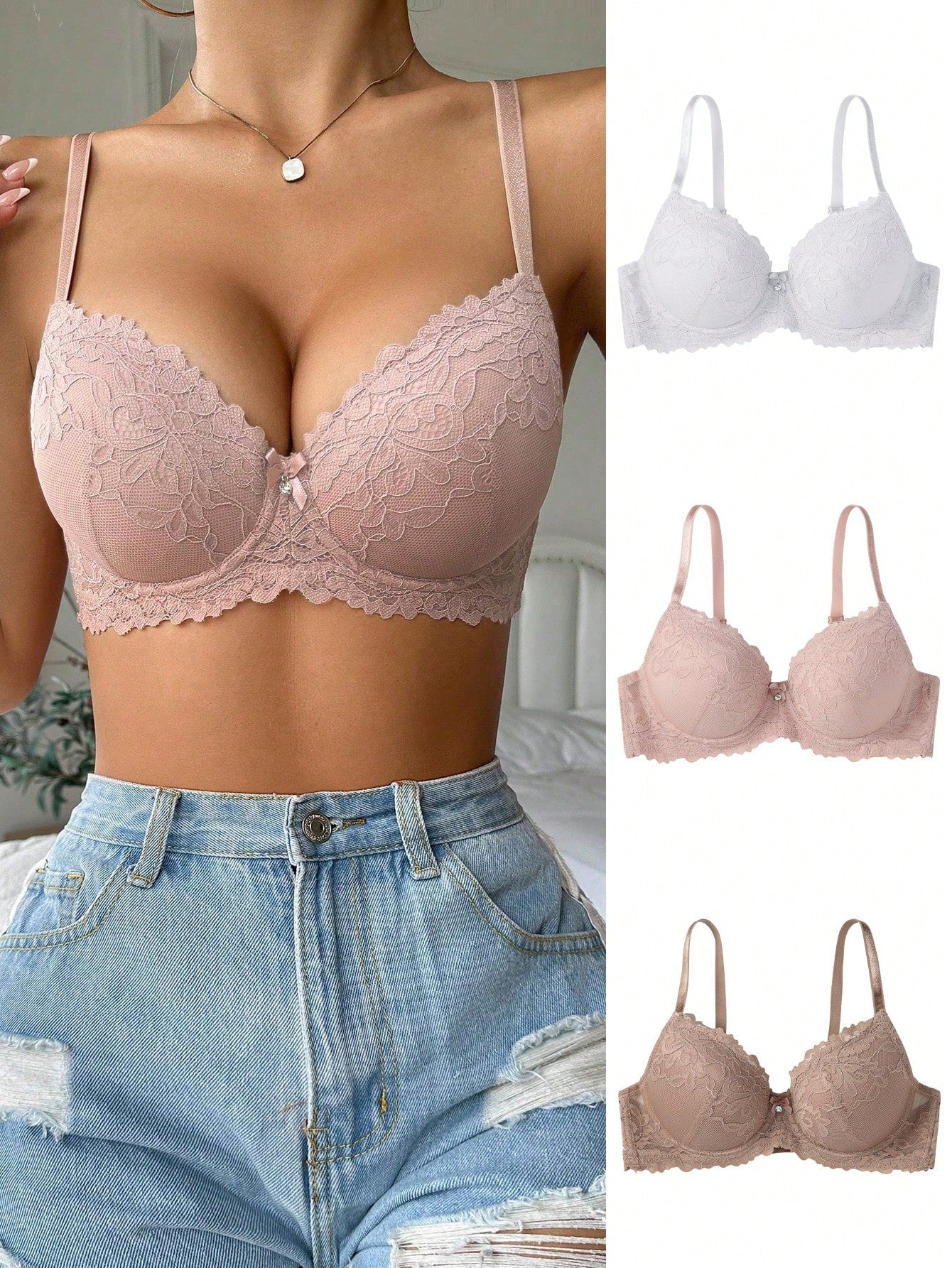 3pcs/Set Ladies' Lace Patchwork Bra With Underwire Lingerie