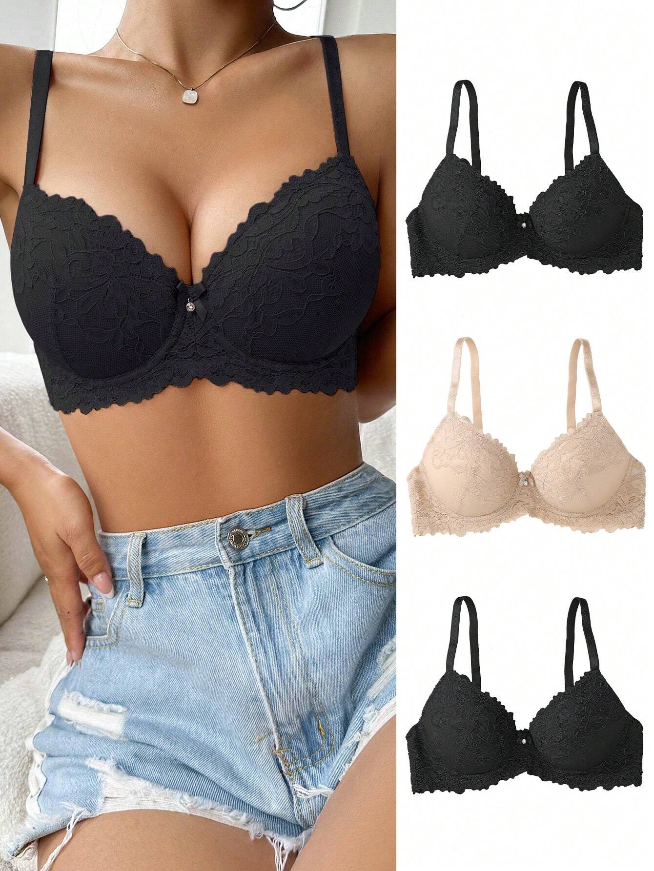 3pcs/Set Ladies' Lace Patchwork Bra With Underwire Lingerie
