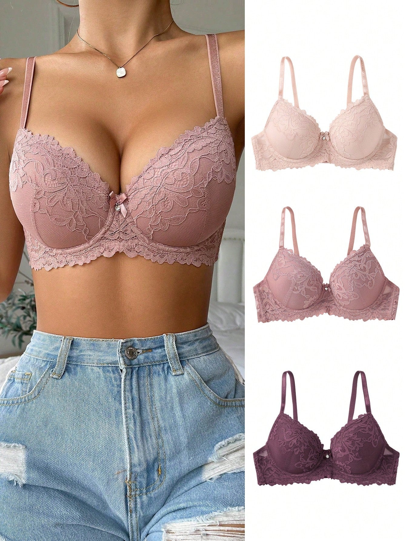 3pcs/Set Ladies' Lace Patchwork Bra With Underwire Lingerie