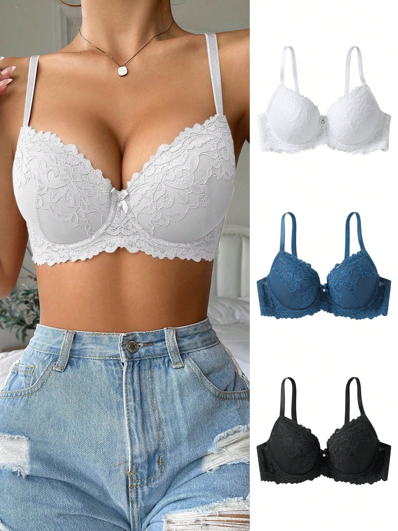 Snug Zone 3pcs Floral Lace Underwire Bra Lingerie