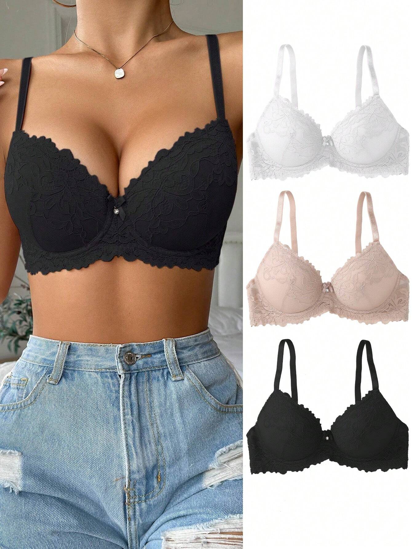 Snug Zone 3pcs Floral Lace Underwire Bra Lingerie