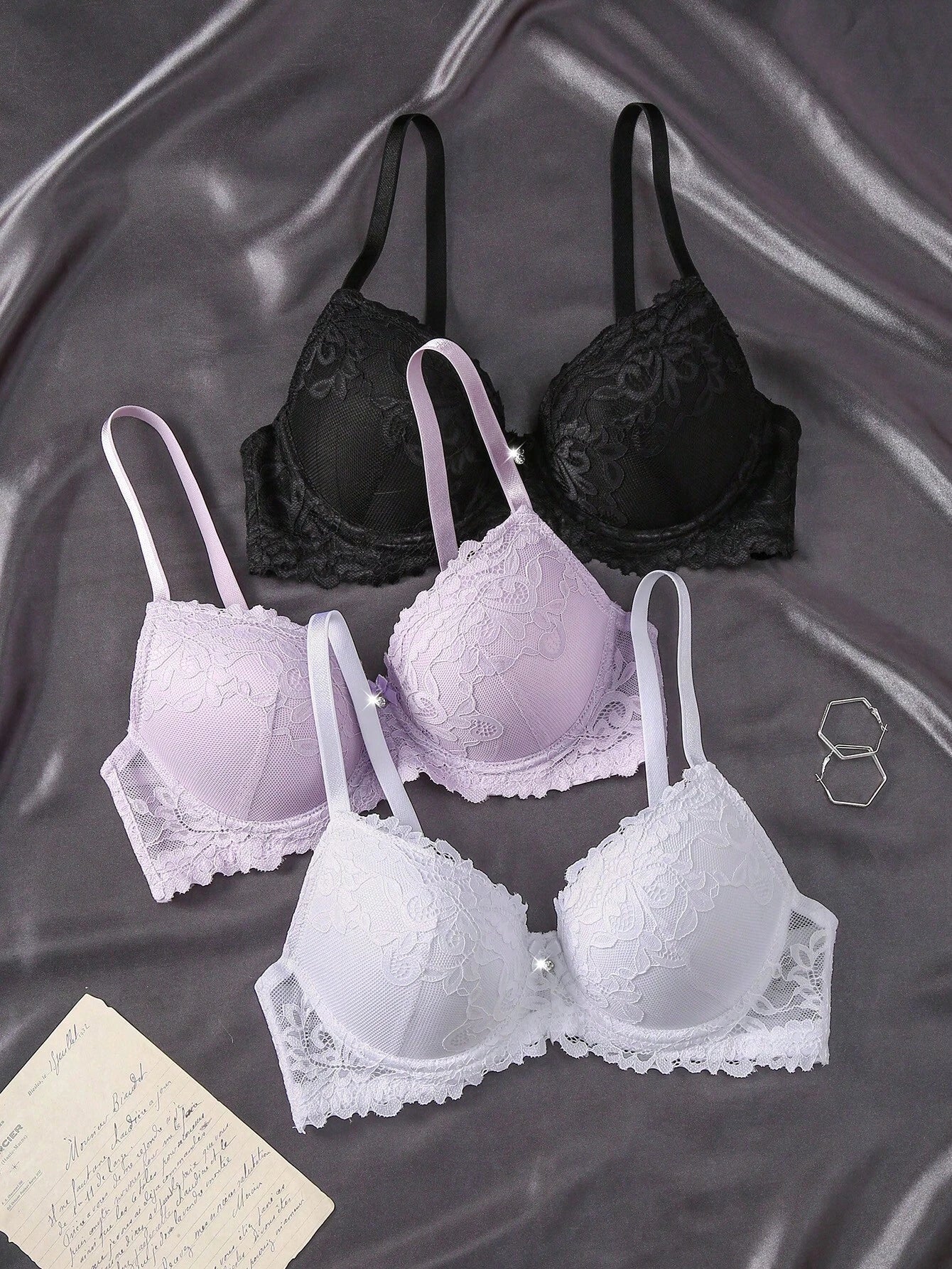 Snug Zone 3pcs Floral Lace Underwire Bra Lingerie