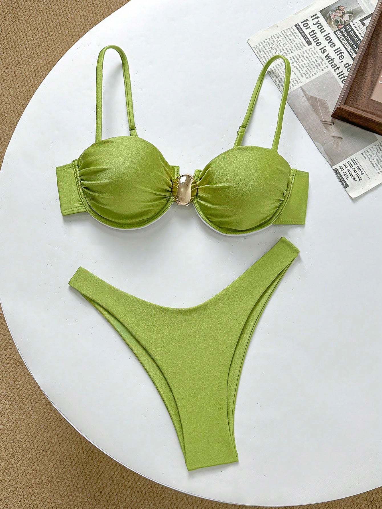 Basics Solid Color Spaghetti Strap Underwire Top And Bikini
