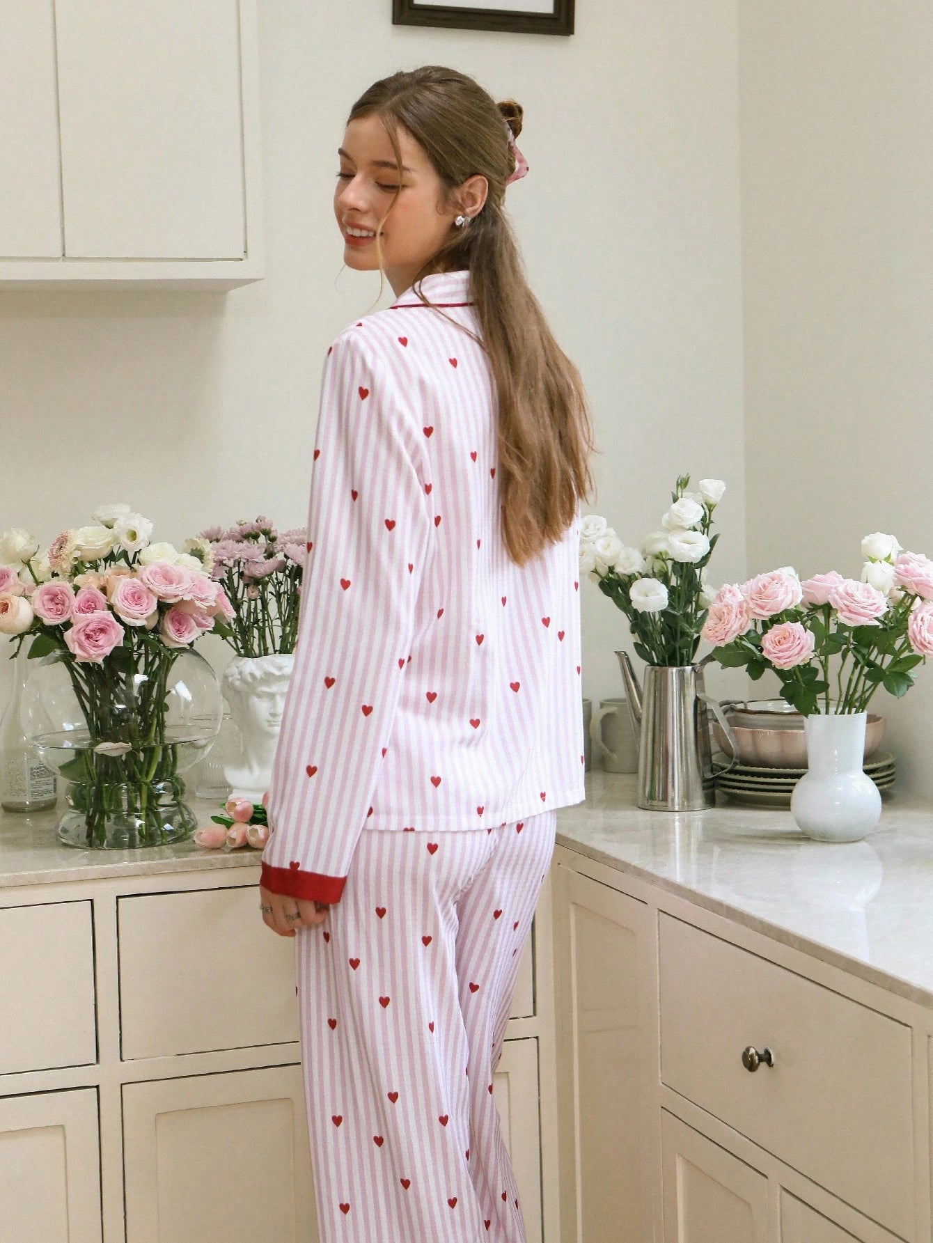 Striped Heart Print Lapel Collar Pink Button Up Top & Pants Pajama Set