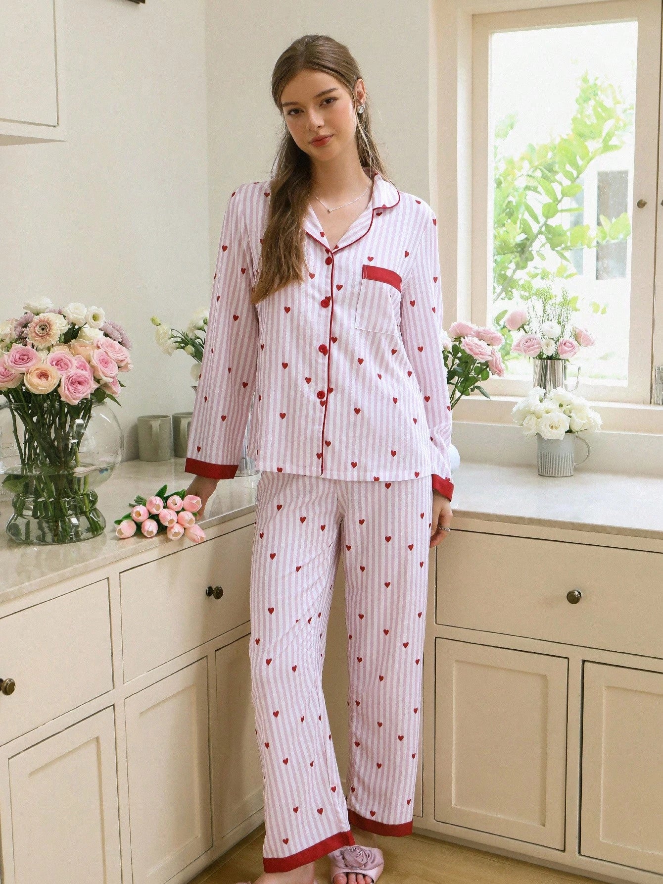 Striped Heart Print Lapel Collar Pink Button Up Top & Pants Pajama Set