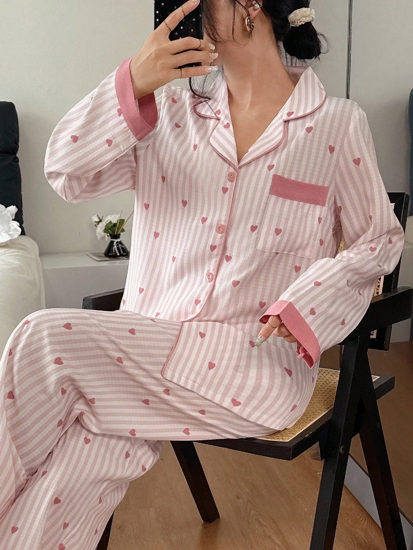 Striped Heart Print Lapel Collar Pink Button Up Top & Pants Pajama Set