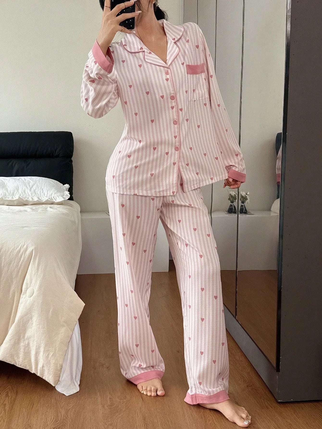 Striped Heart Print Lapel Collar Pink Button Up Top & Pants Pajama Set