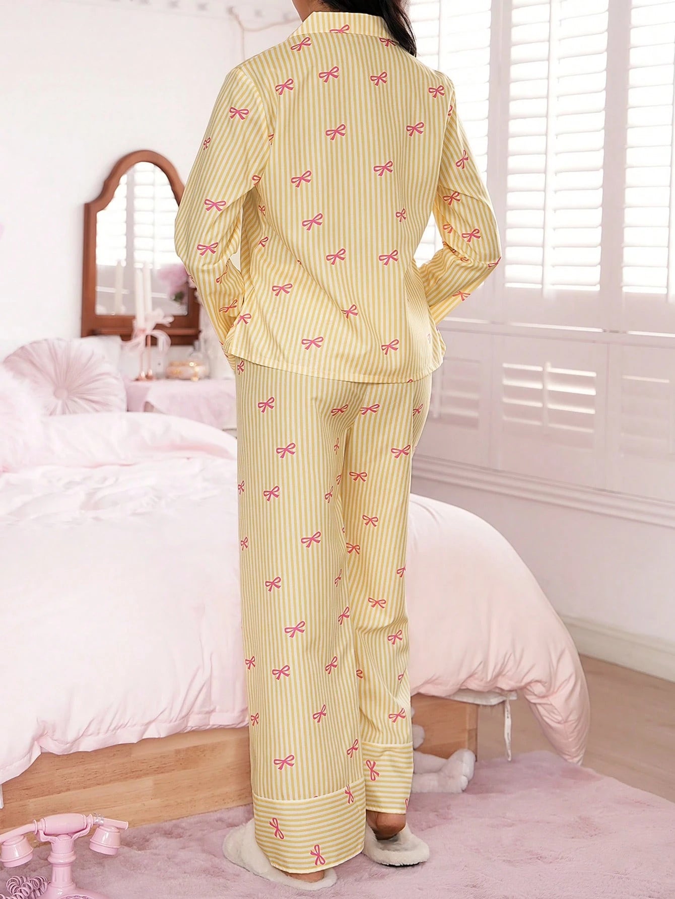 Bow Tie & Striped Print Long Sleeve Pajama Set