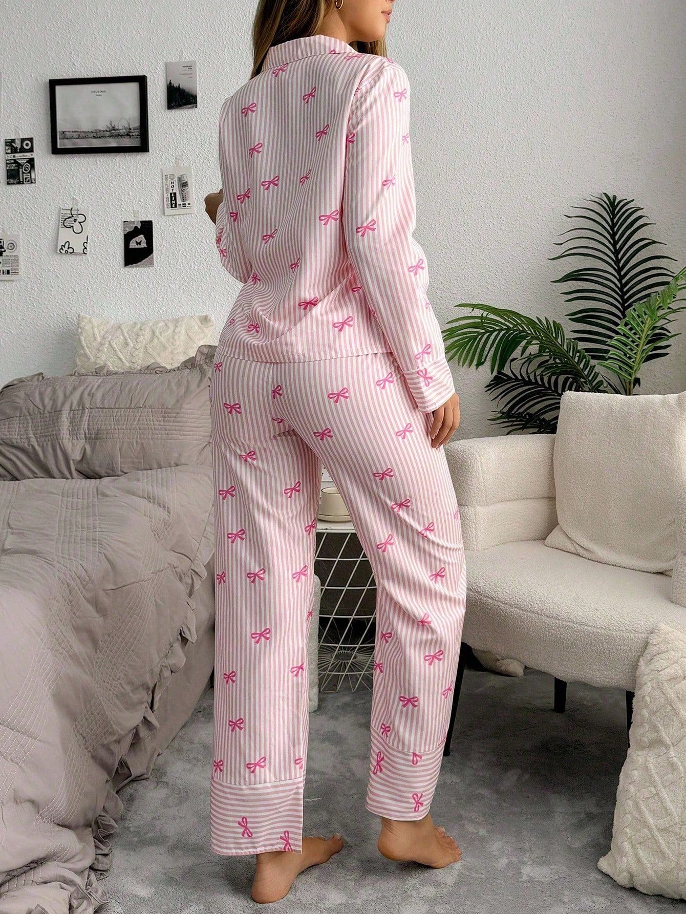 Bow Tie & Striped Print Long Sleeve Pajama Set
