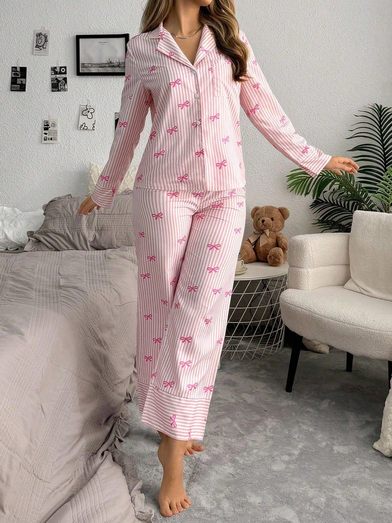 Bow Tie & Striped Print Long Sleeve Pajama Set