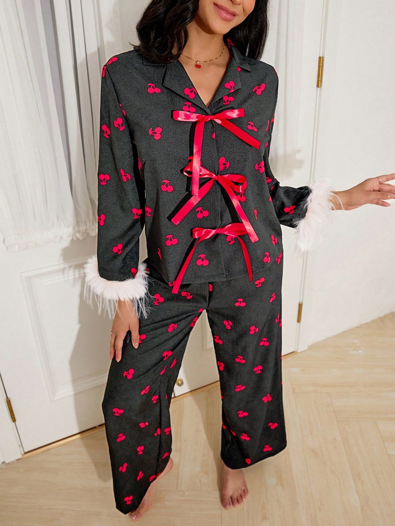 SweetSlumber Cute Heart Pattern Fluffy Lace Bow Decor Women Sleepwear Set