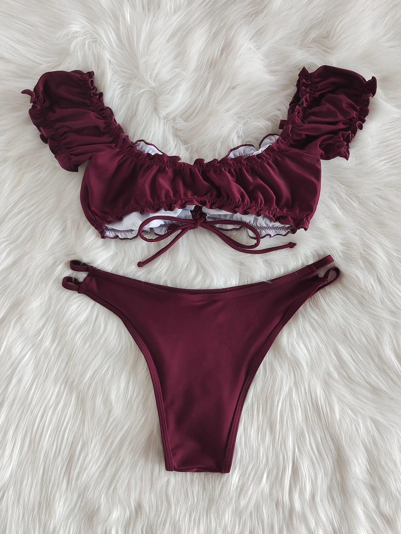 Lace Up Frill Trim Wireless Bra Top & Cheeky Bikini Bottom