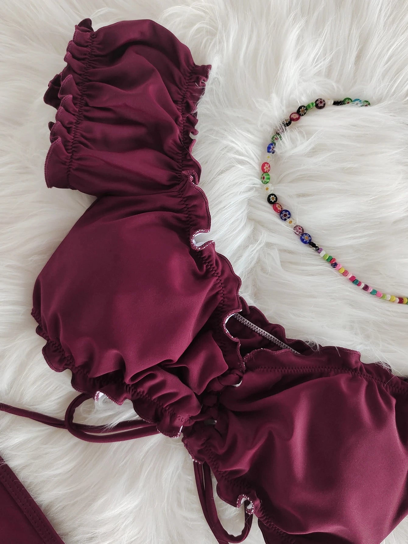 Lace Up Frill Trim Wireless Bra Top & Cheeky Bikini Bottom