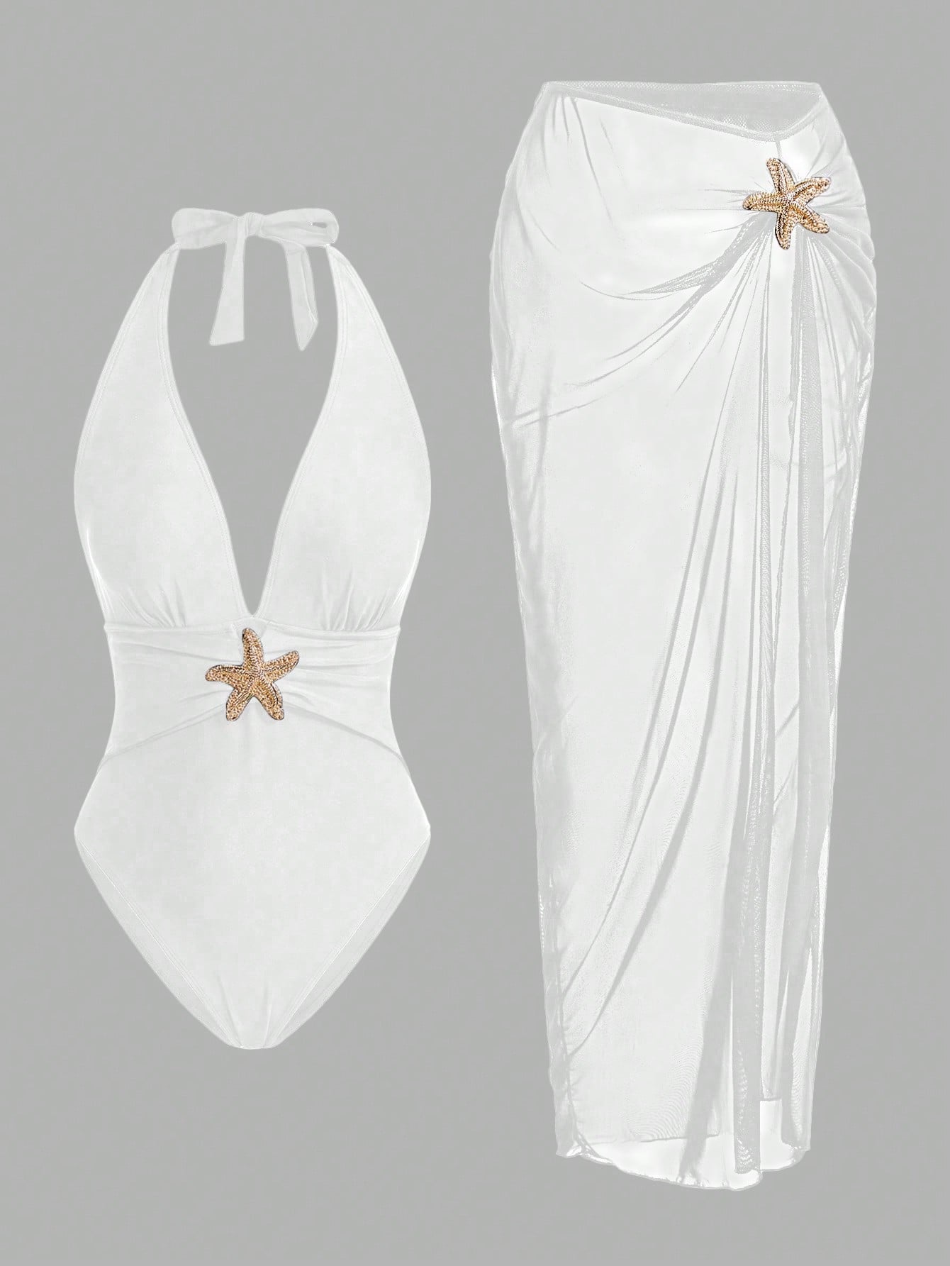Elegant Romantic Starfish Decor One-Piece Swimsuit Set