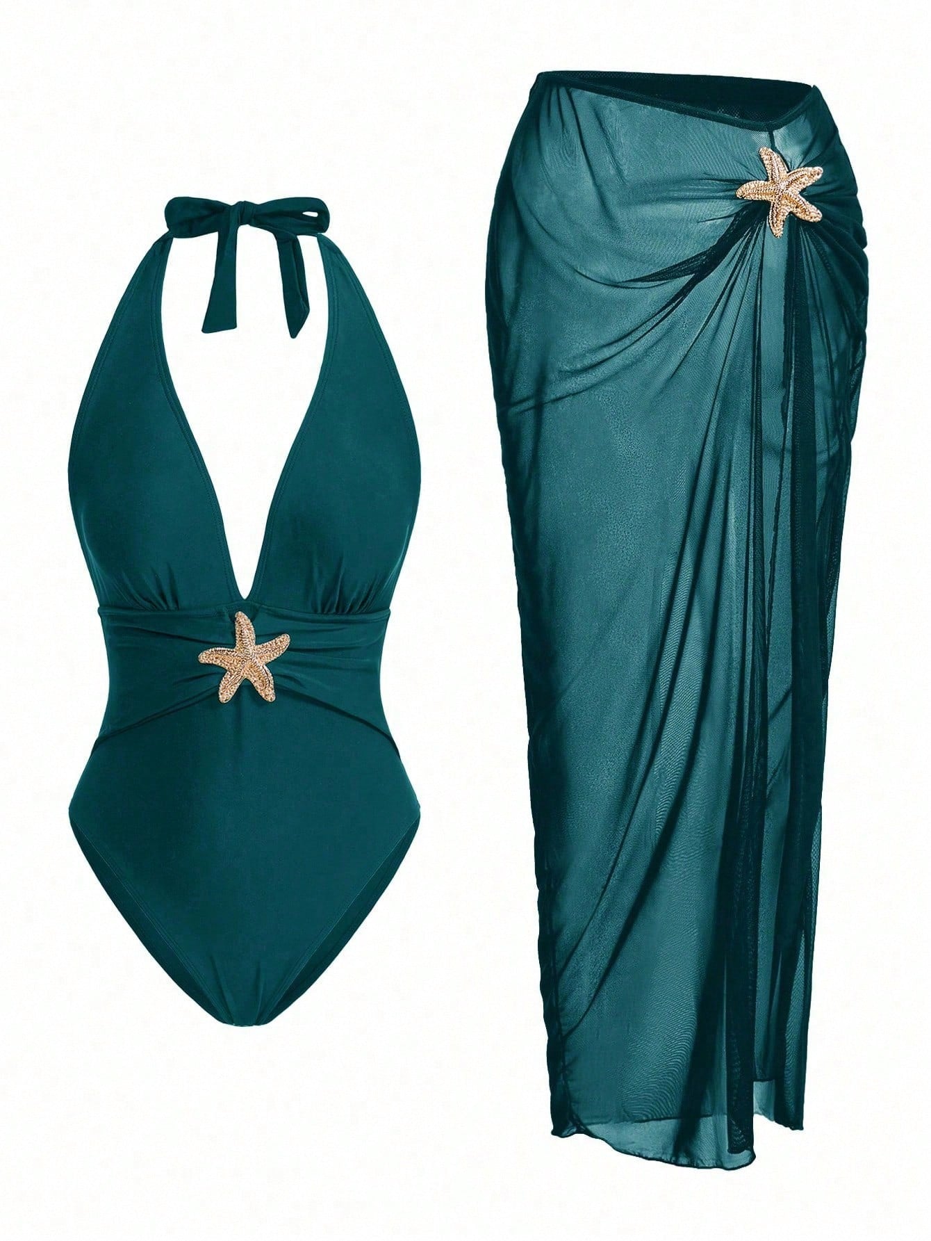 Elegant Romantic Starfish Decor One-Piece Swimsuit Set