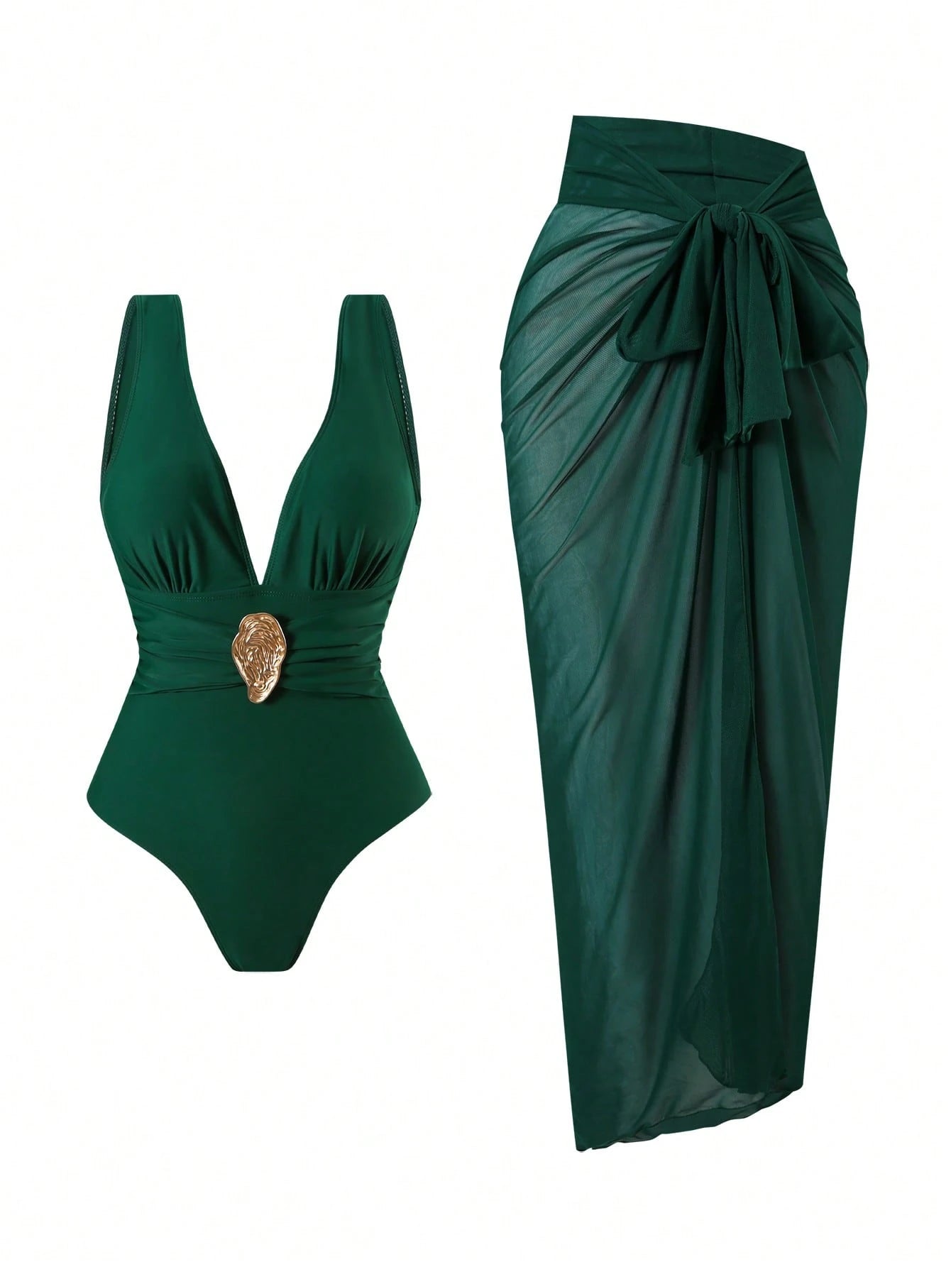 2pcs/Set Women's Swimsuit With Mesh Printed Beach Cover Up Skirt