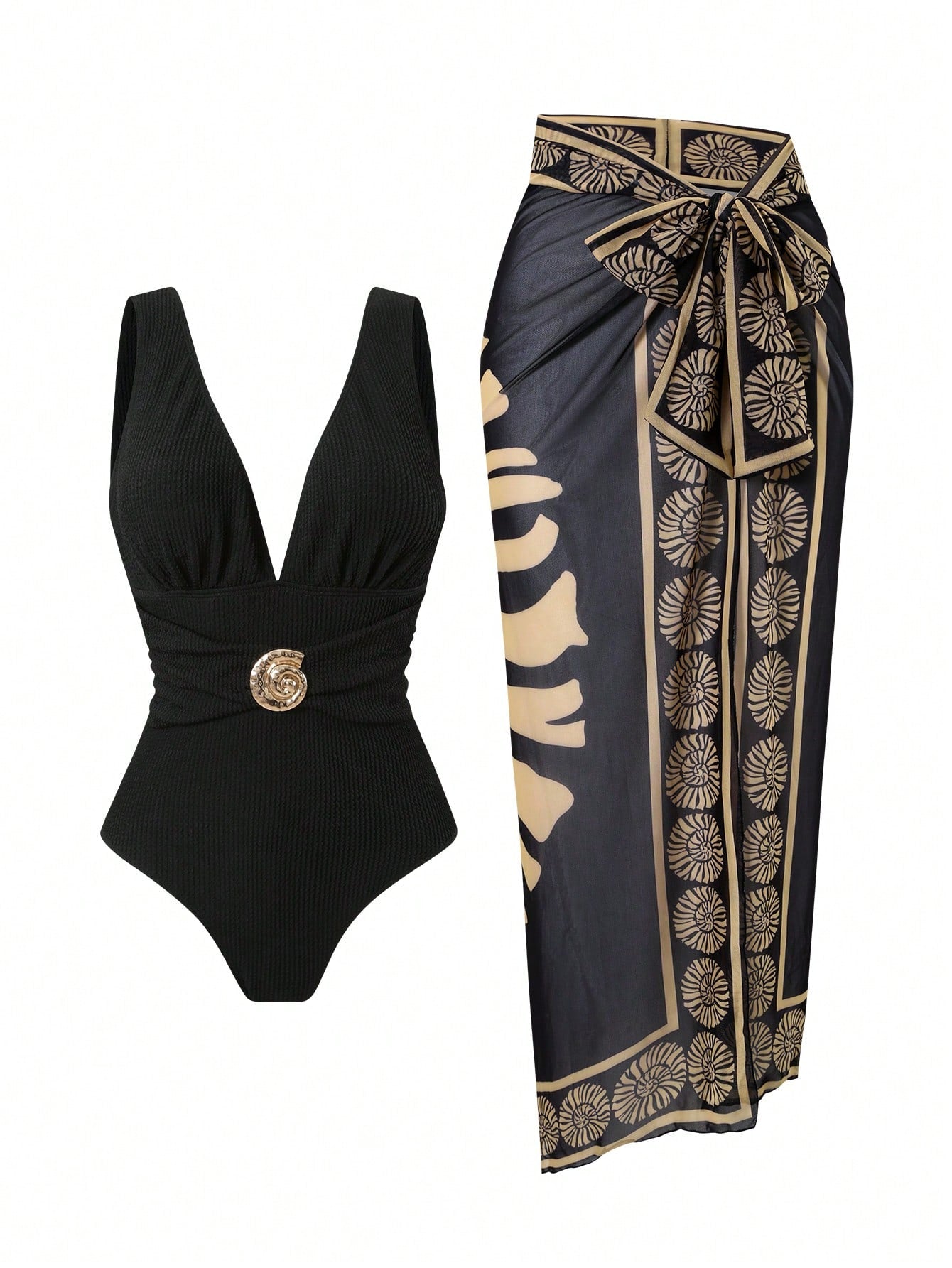 2pcs/Set Women's Swimsuit With Mesh Printed Beach Cover Up Skirt