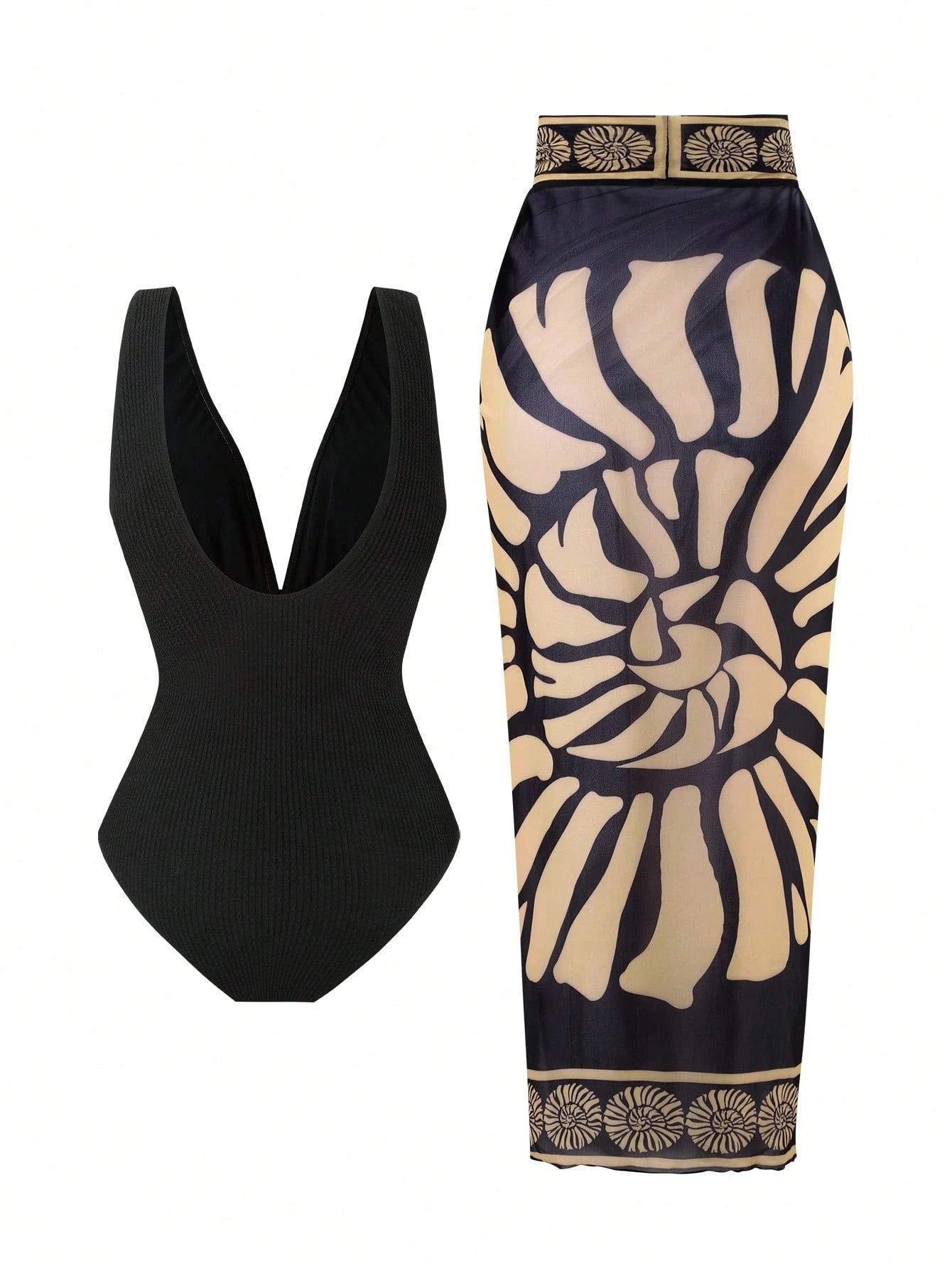 2pcs/Set Women's Swimsuit With Mesh Printed Beach Cover Up Skirt