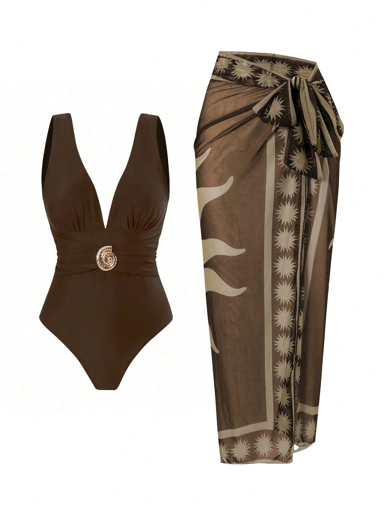 2pcs/Set Women's Swimsuit With Mesh Printed Beach Cover Up Skirt