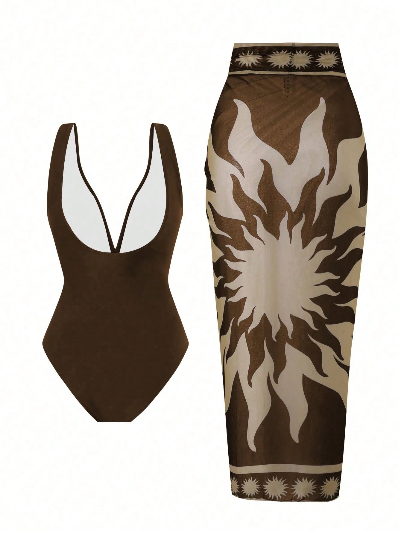 2pcs/Set Women's Swimsuit With Mesh Printed Beach Cover Up Skirt