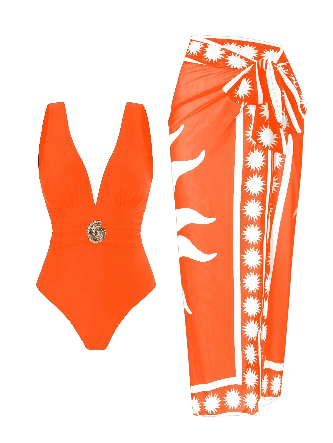 2pcs/Set Women's Swimsuit With Mesh Printed Beach Cover Up Skirt