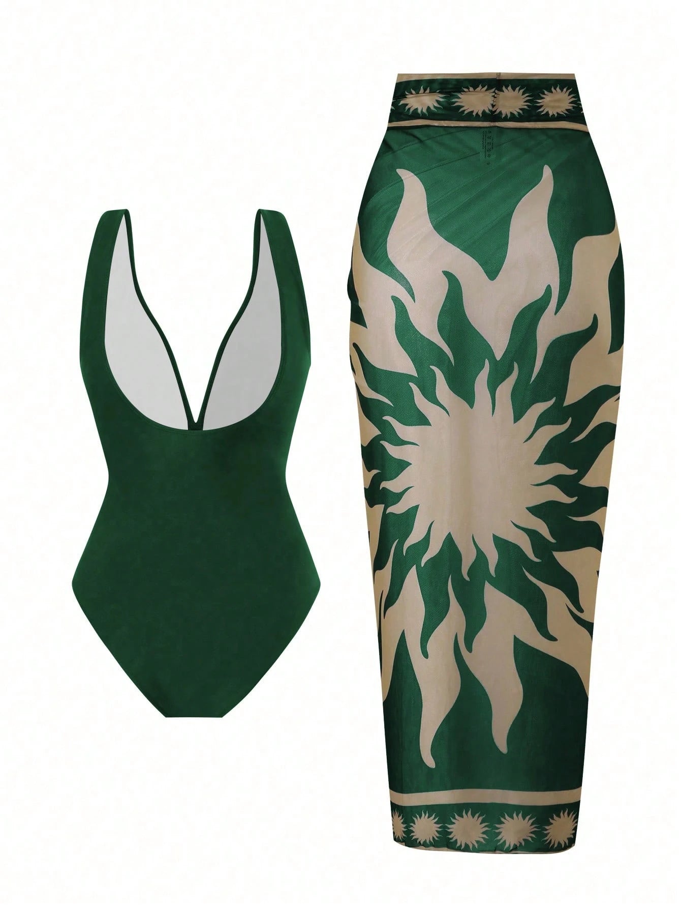 2pcs/Set Women's Swimsuit With Mesh Printed Beach Cover Up Skirt