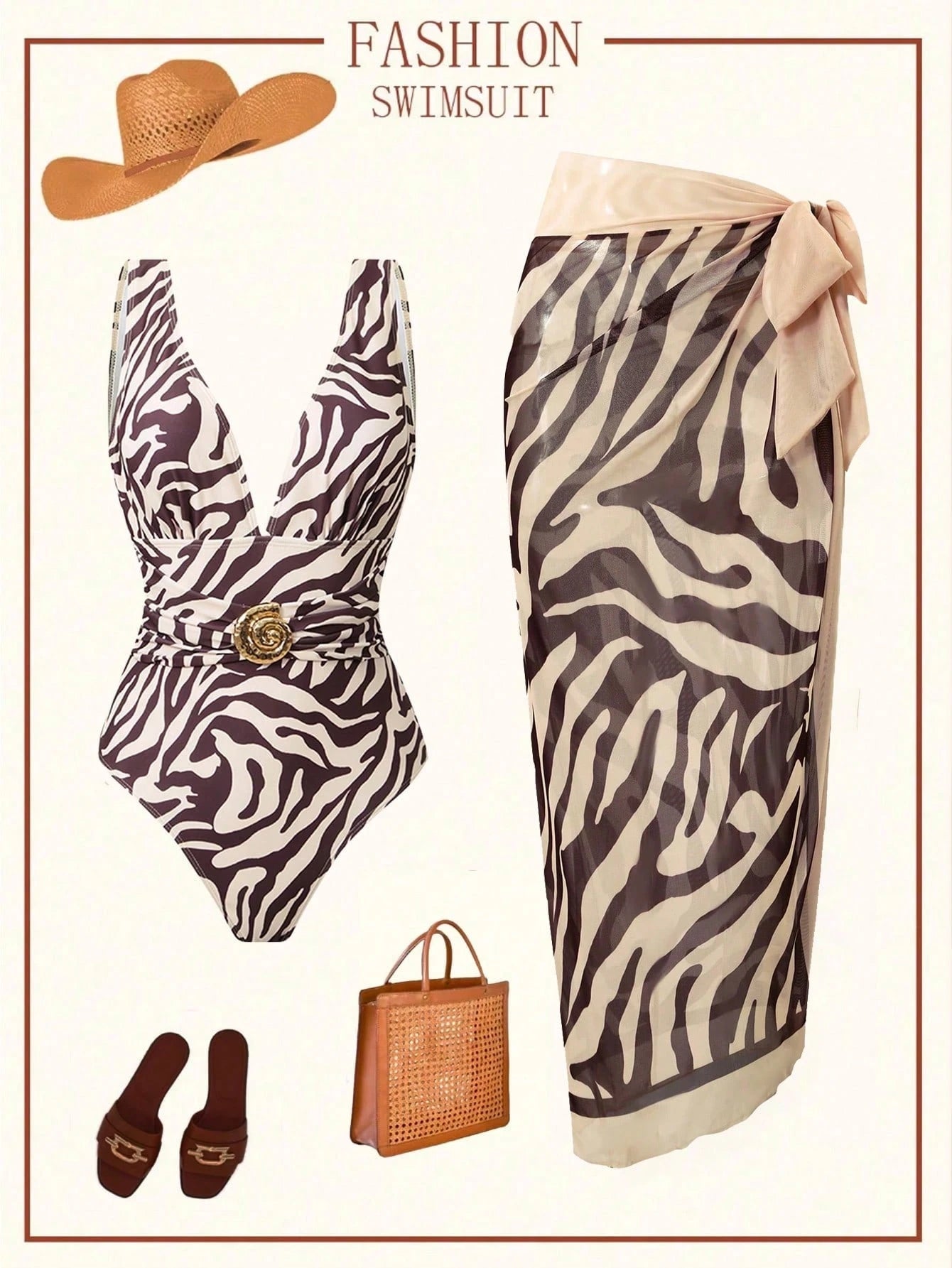 2pcs/Set Women's Swimsuit With Mesh Printed Beach Cover Up Skirt