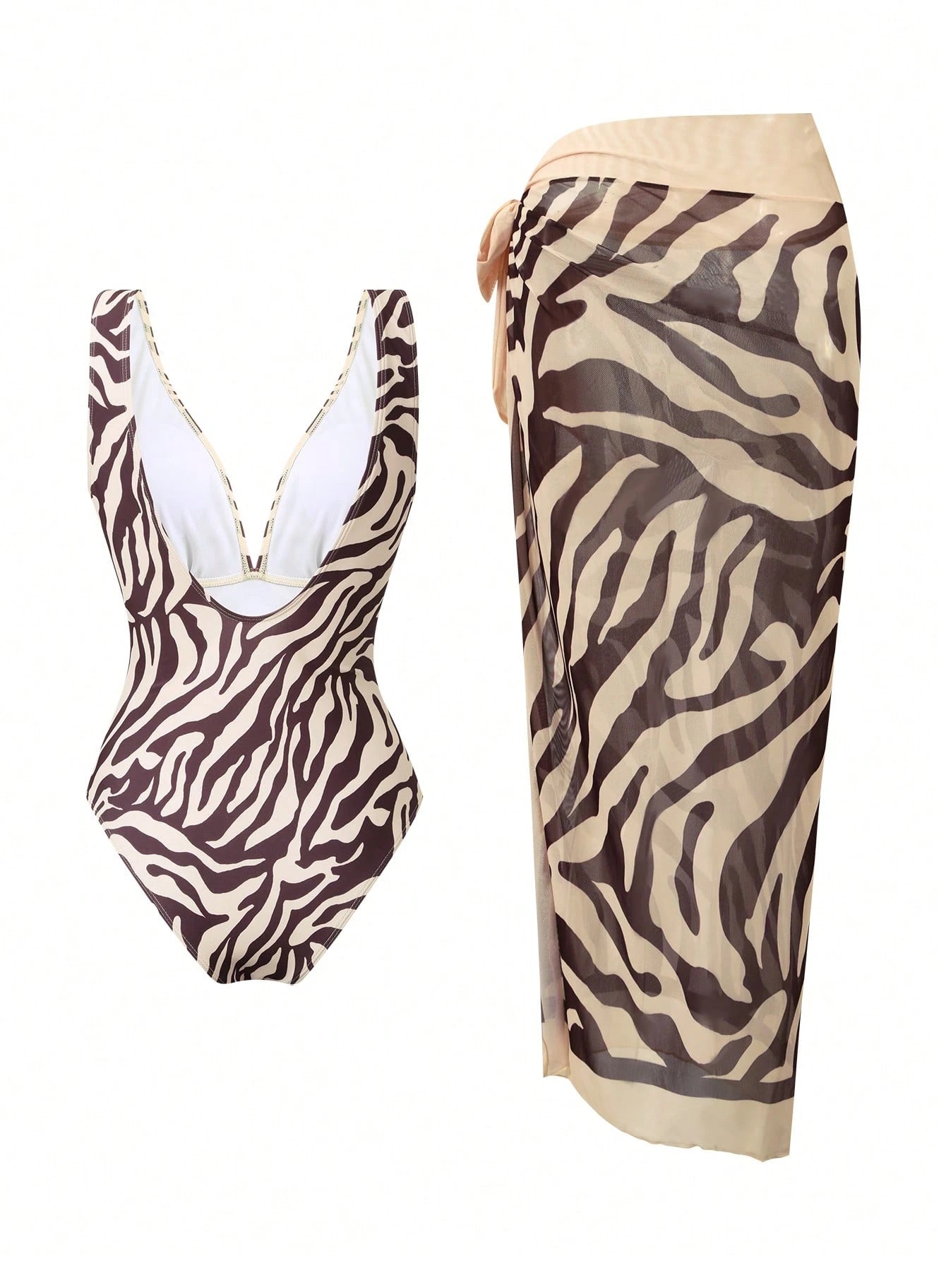2pcs/Set Women's Swimsuit With Mesh Printed Beach Cover Up Skirt
