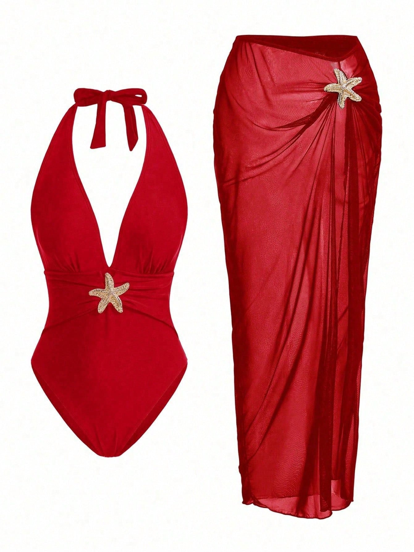 Elegant Romantic Starfish Decor One-Piece Swimsuit Set