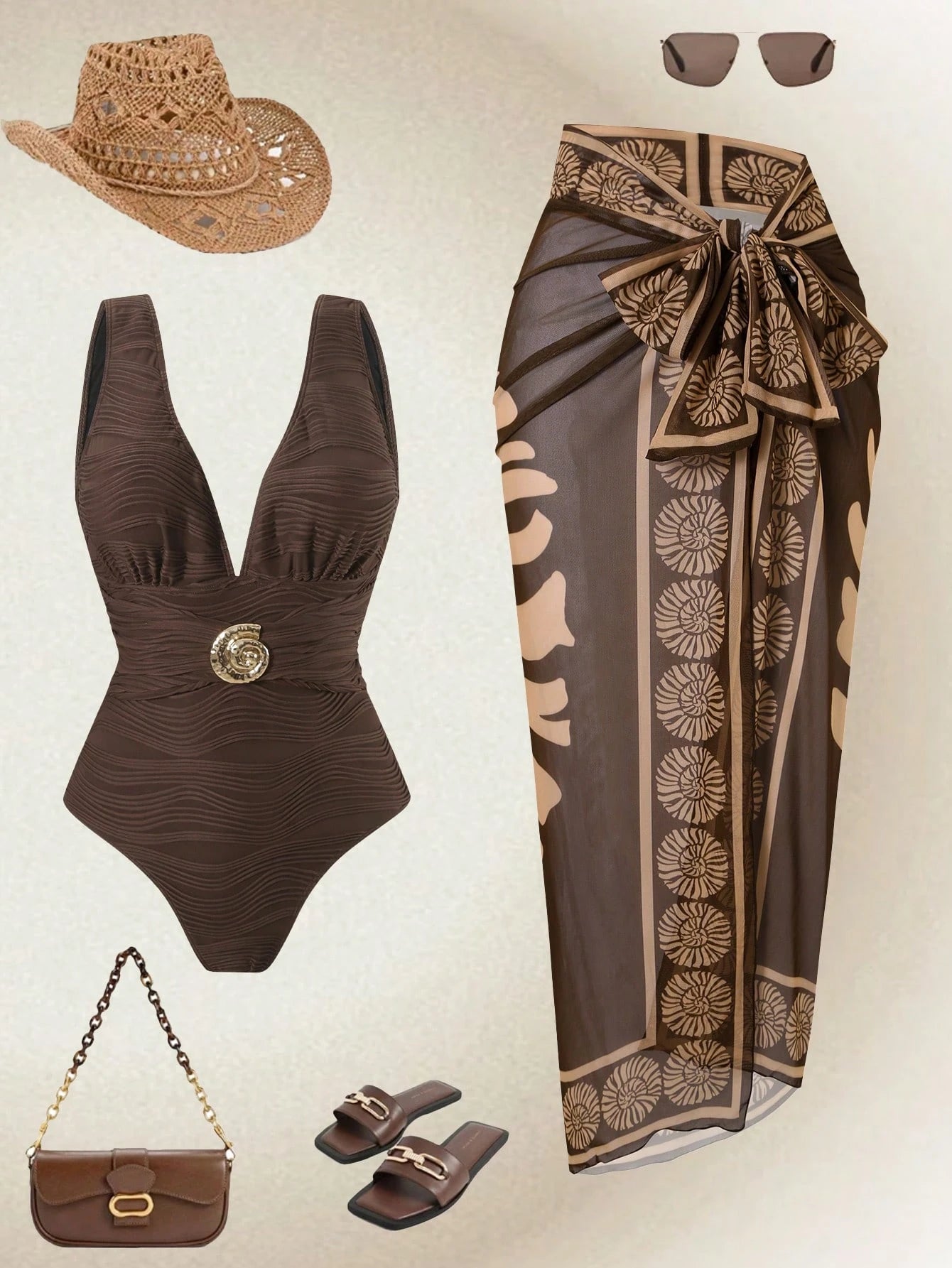 2pcs/Set Women's Swimsuit With Mesh Printed Beach Cover Up Skirt