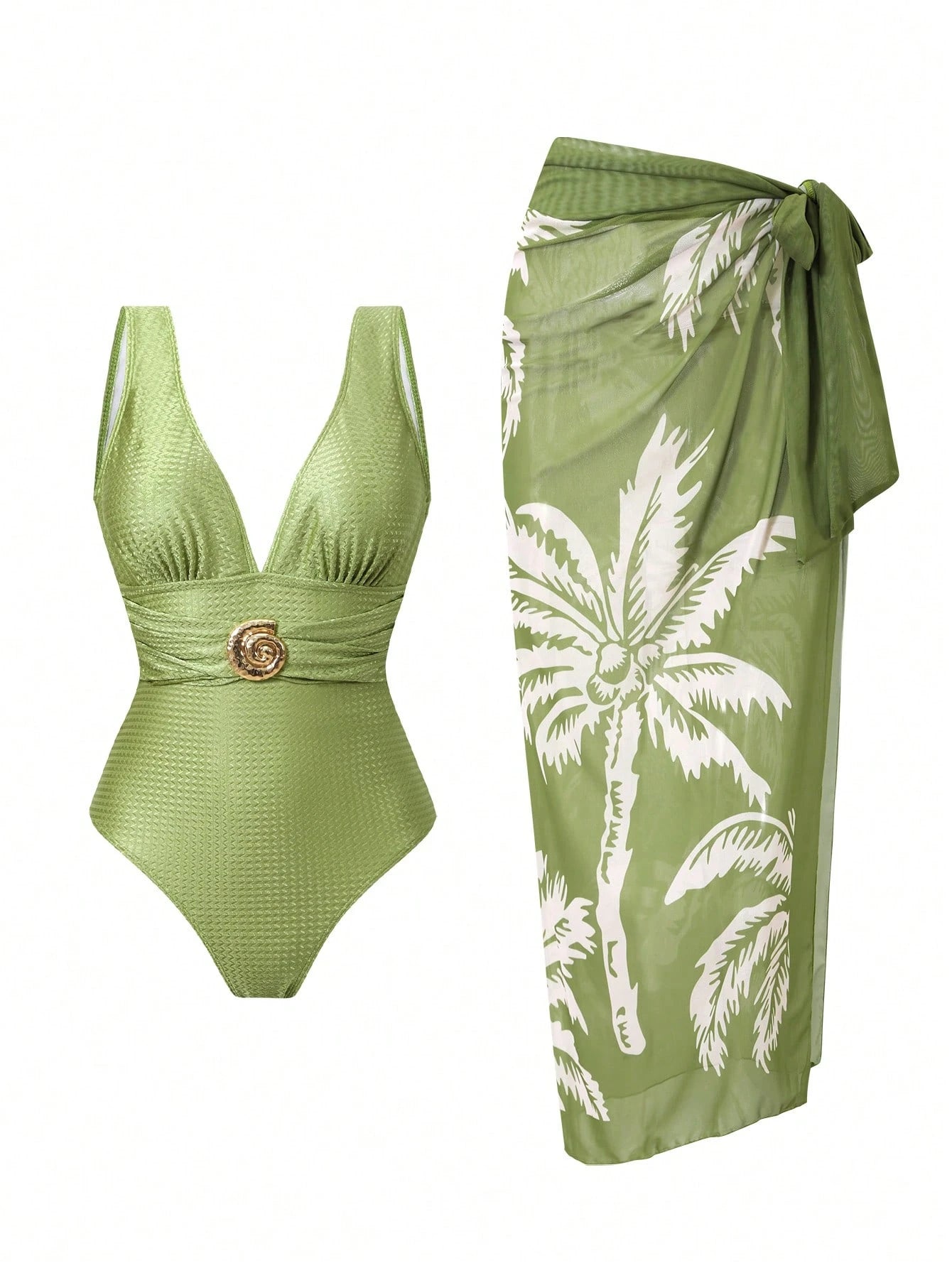2pcs/Set Women's Swimsuit With Mesh Printed Beach Cover Up Skirt