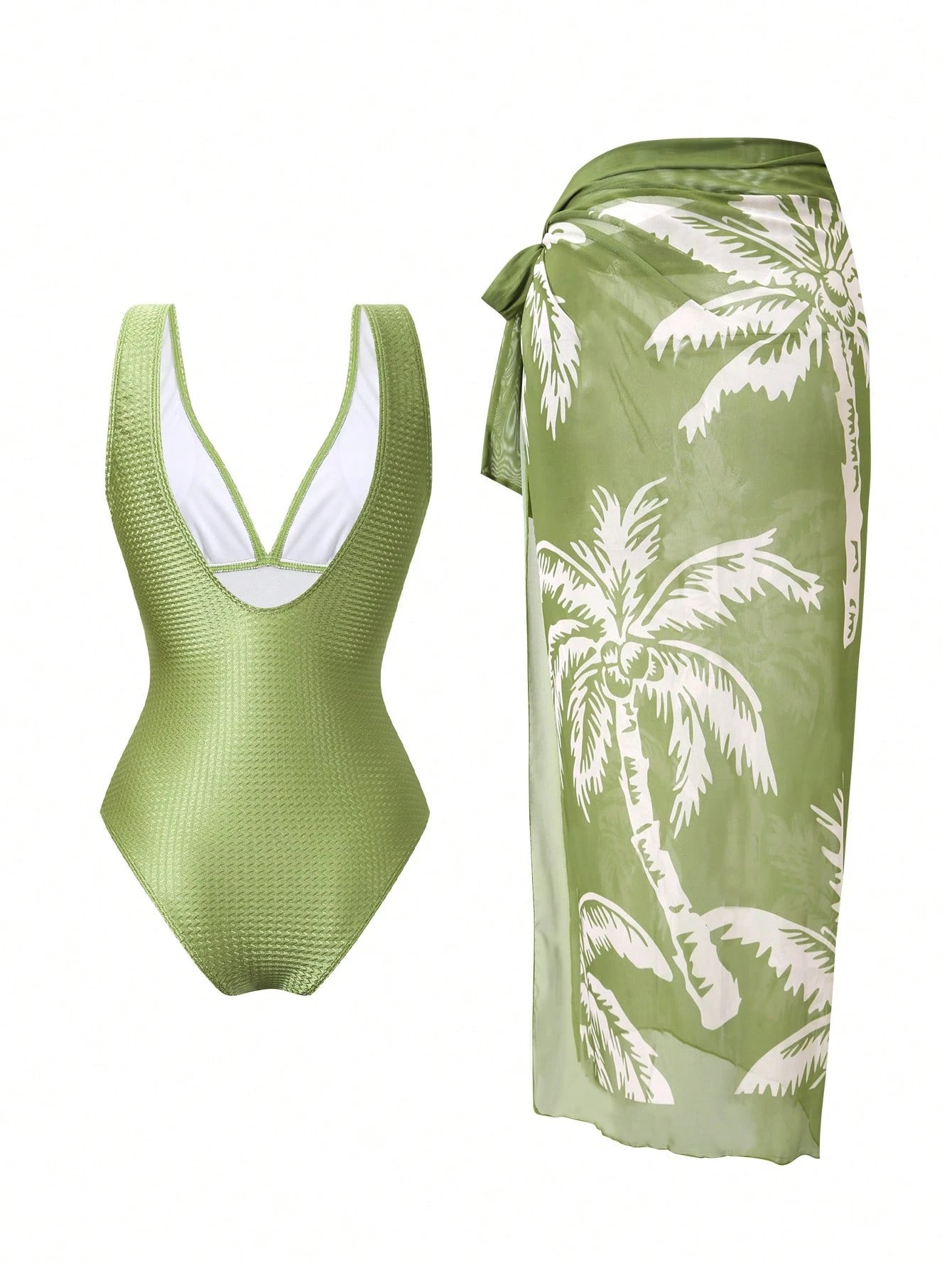 2pcs/Set Women's Swimsuit With Mesh Printed Beach Cover Up Skirt