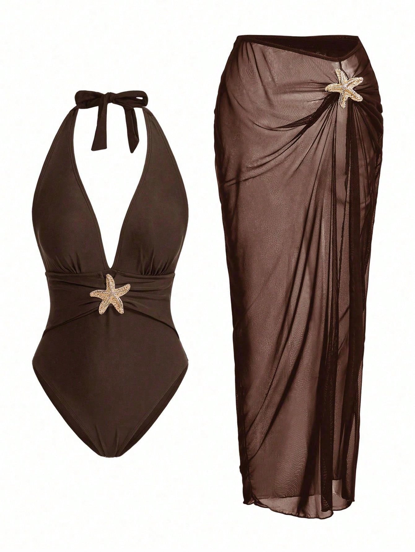 Elegant Romantic Starfish Decor One-Piece Swimsuit Set
