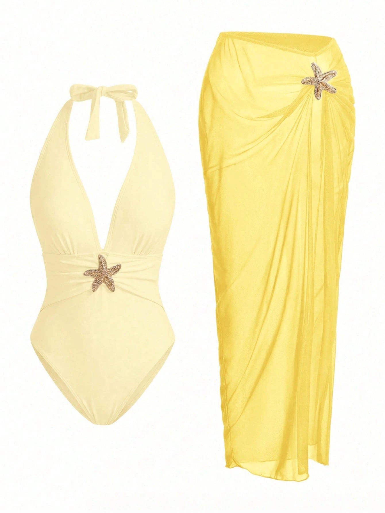 Elegant Romantic Starfish Decor One-Piece Swimsuit Set
