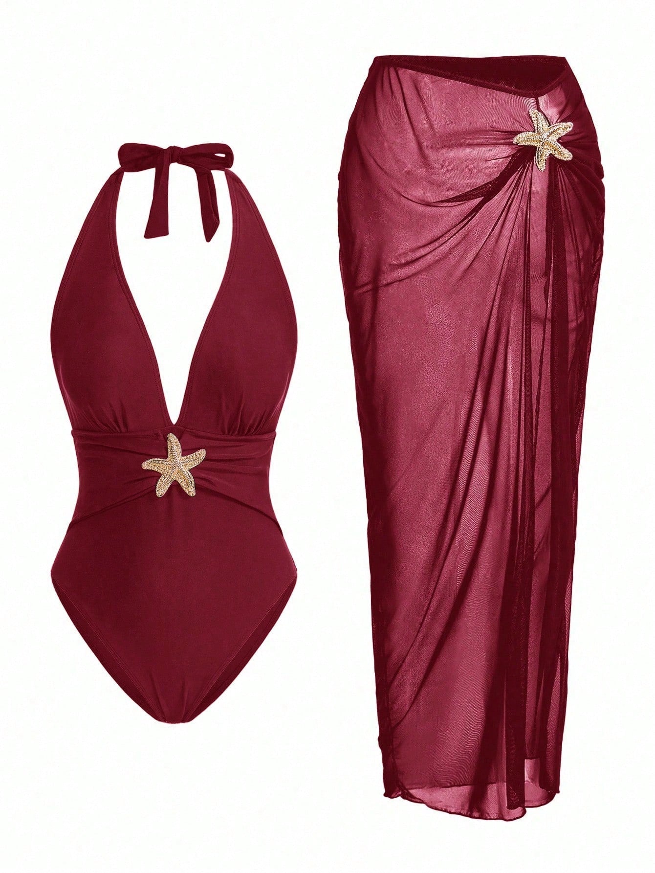 Elegant Romantic Starfish Decor One-Piece Swimsuit Set