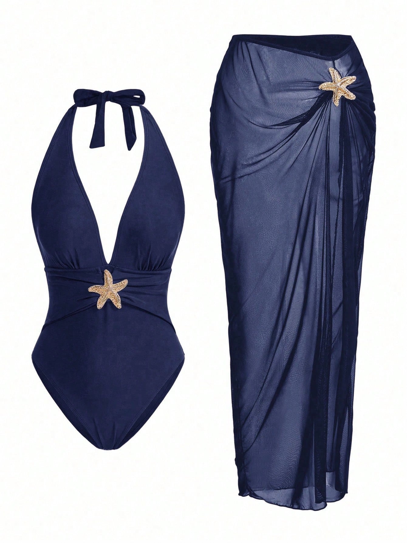 Elegant Romantic Starfish Decor One-Piece Swimsuit Set
