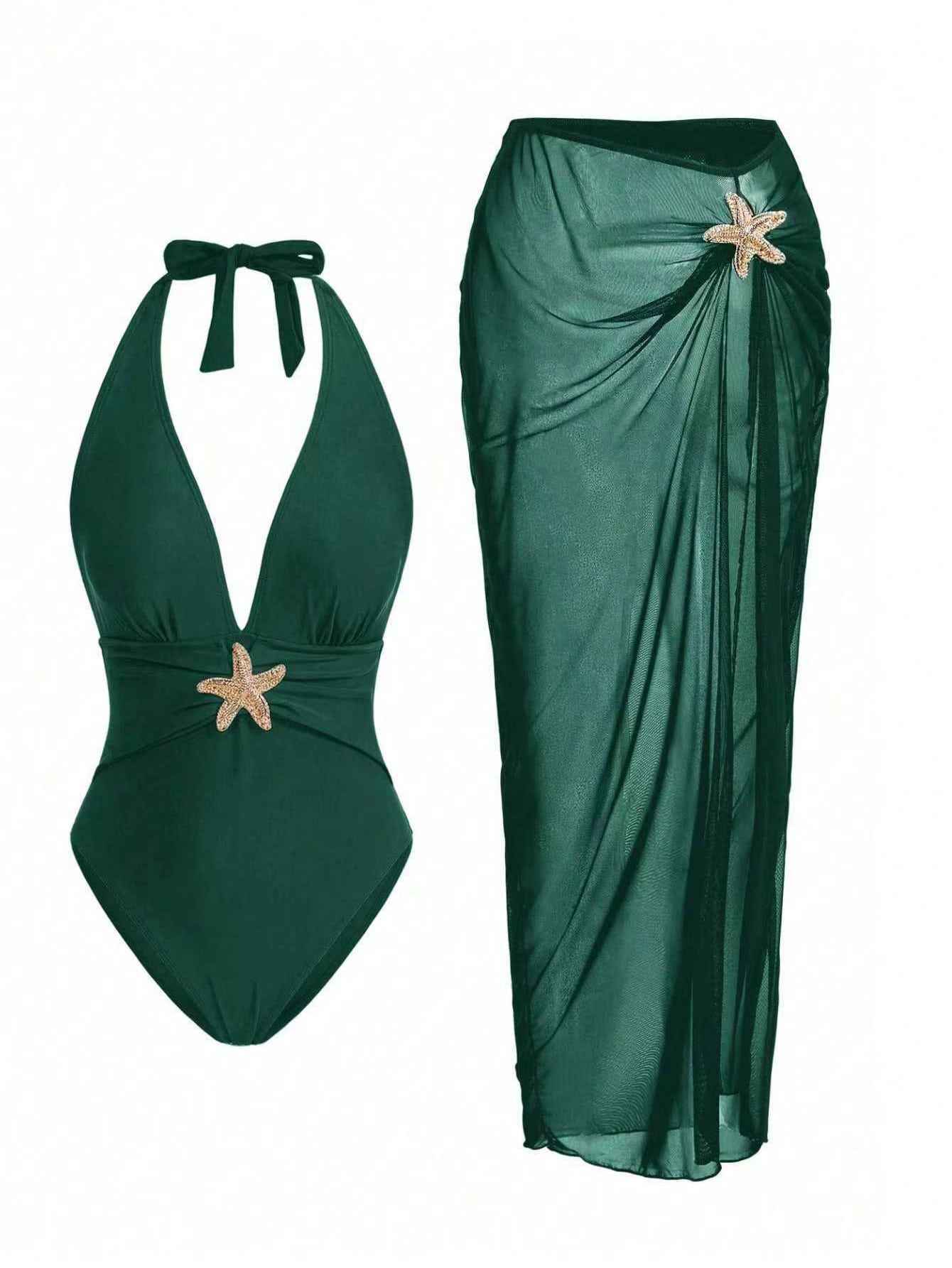 Elegant Romantic Starfish Decor One-Piece Swimsuit Set