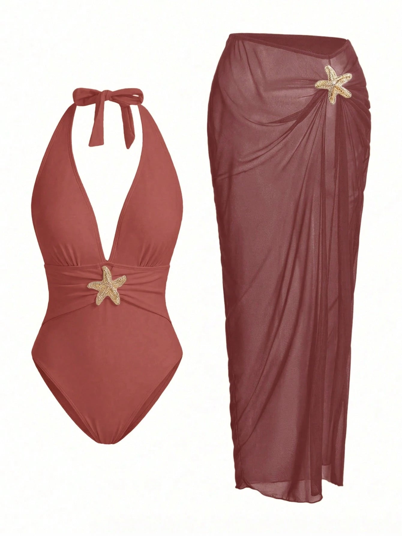 Elegant Romantic Starfish Decor One-Piece Swimsuit Set