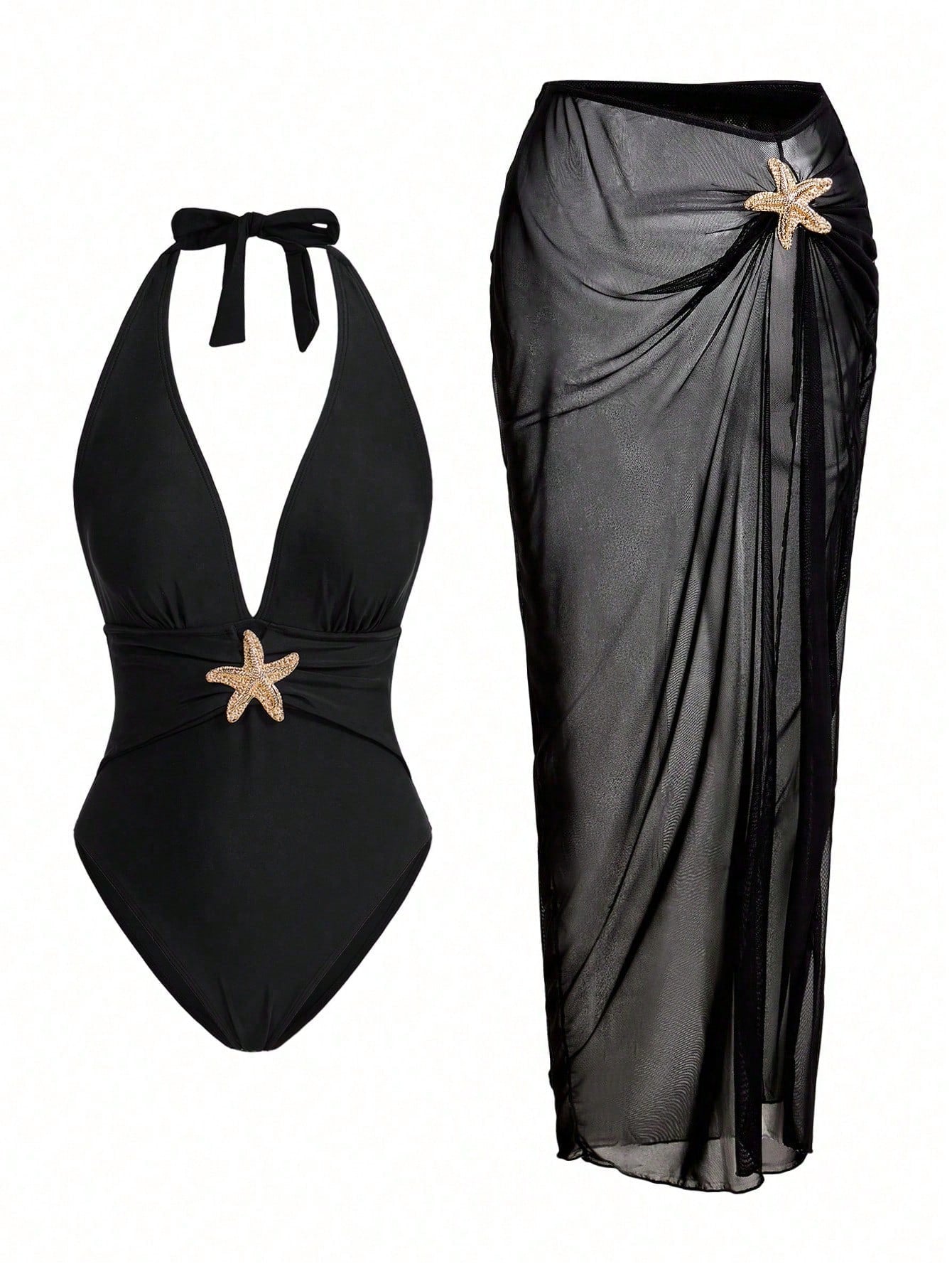 Elegant Romantic Starfish Decor One-Piece Swimsuit Set