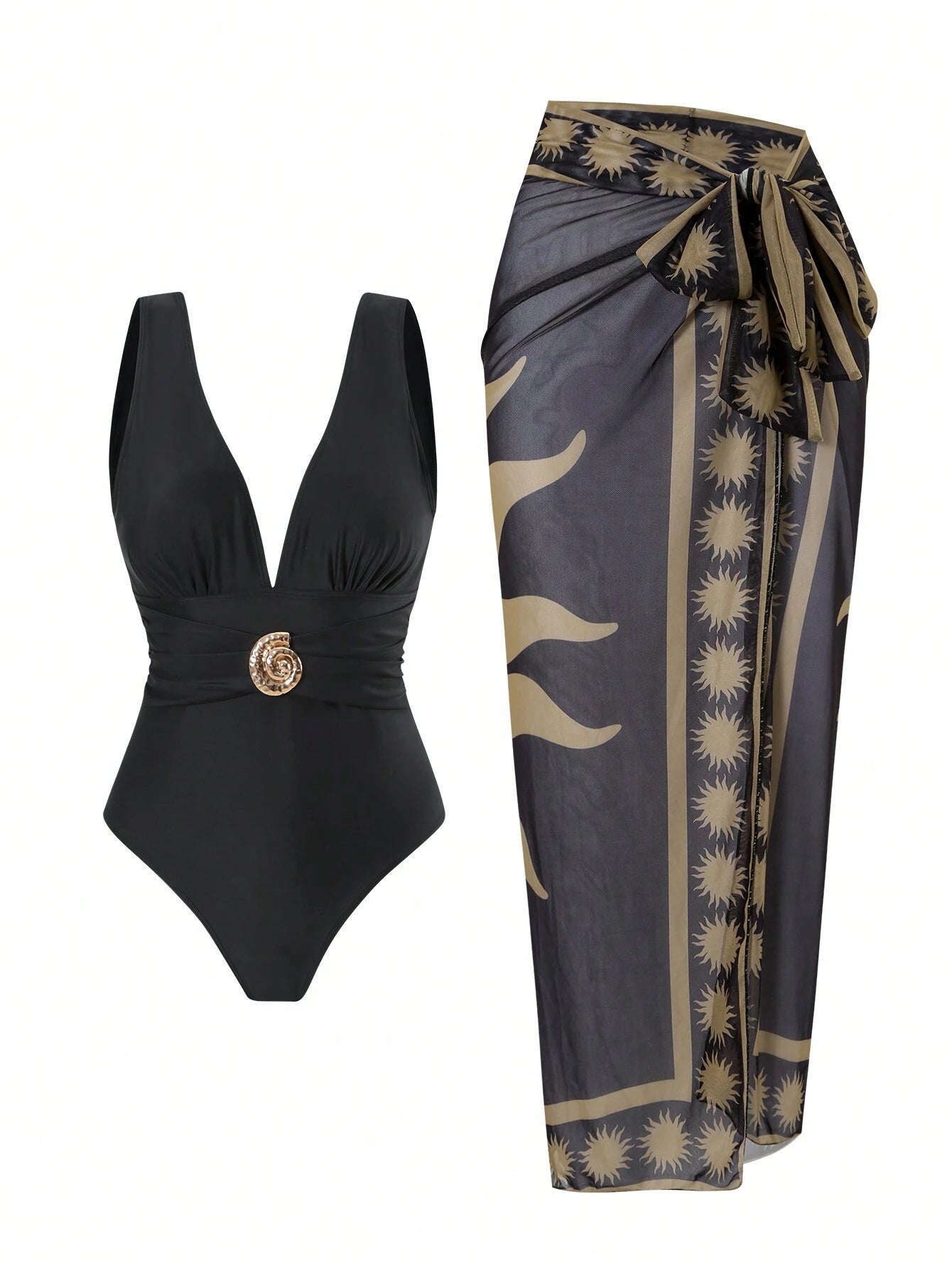 2pcs/Set Women's Swimsuit With Mesh Printed Beach Cover Up Skirt