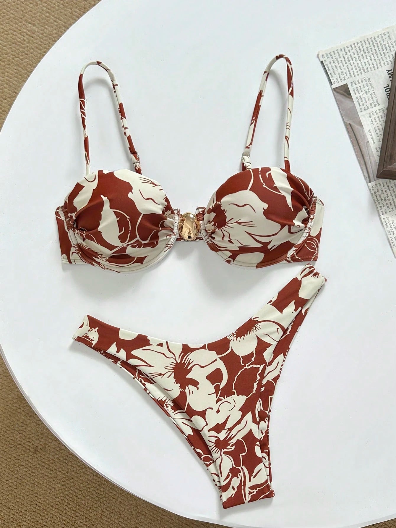 Basics Solid Color Spaghetti Strap Underwire Top And Bikini