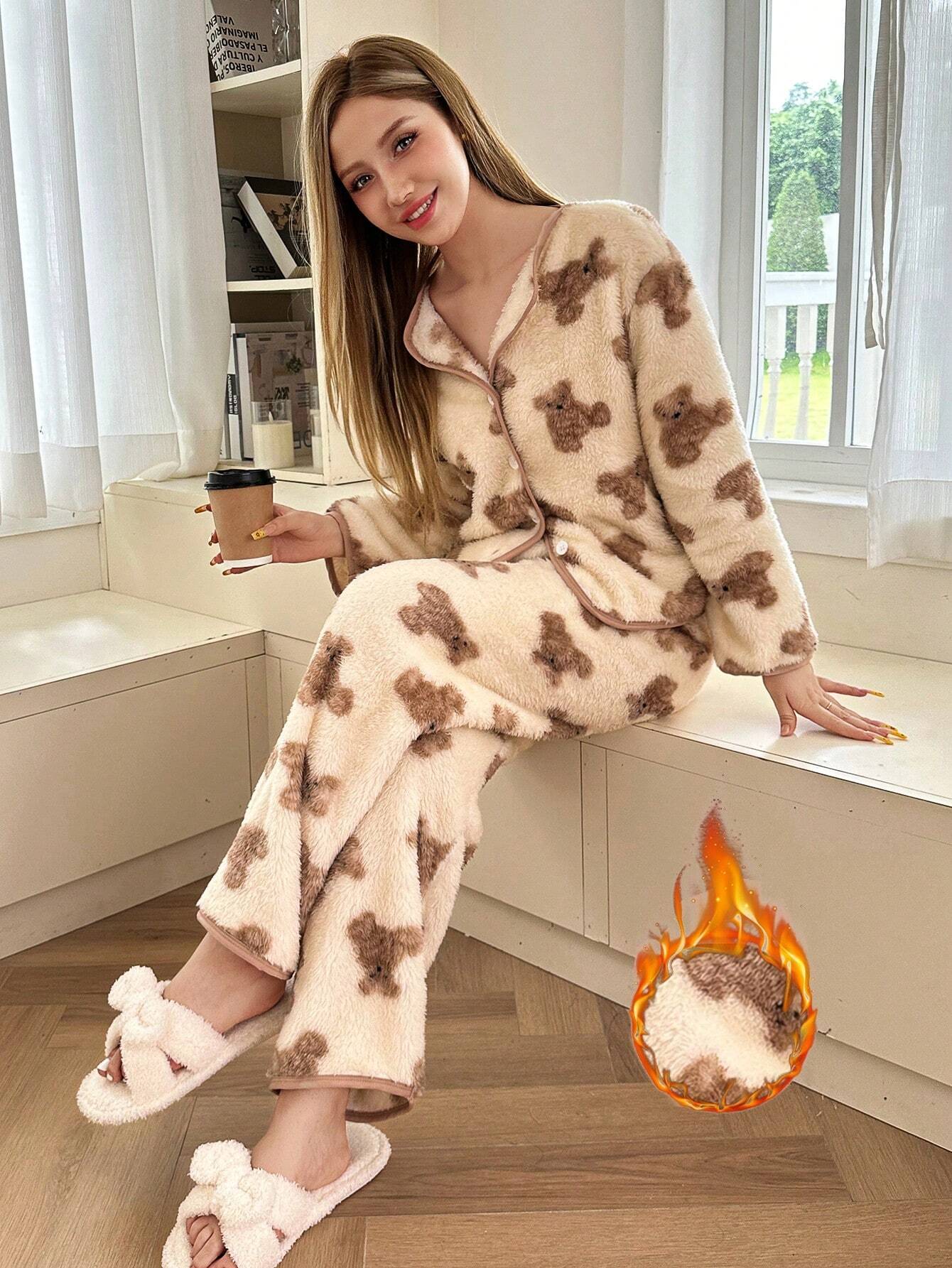 Teddy Bear Print Long Sleeve Top & Pants Fluffy Pajamas Set