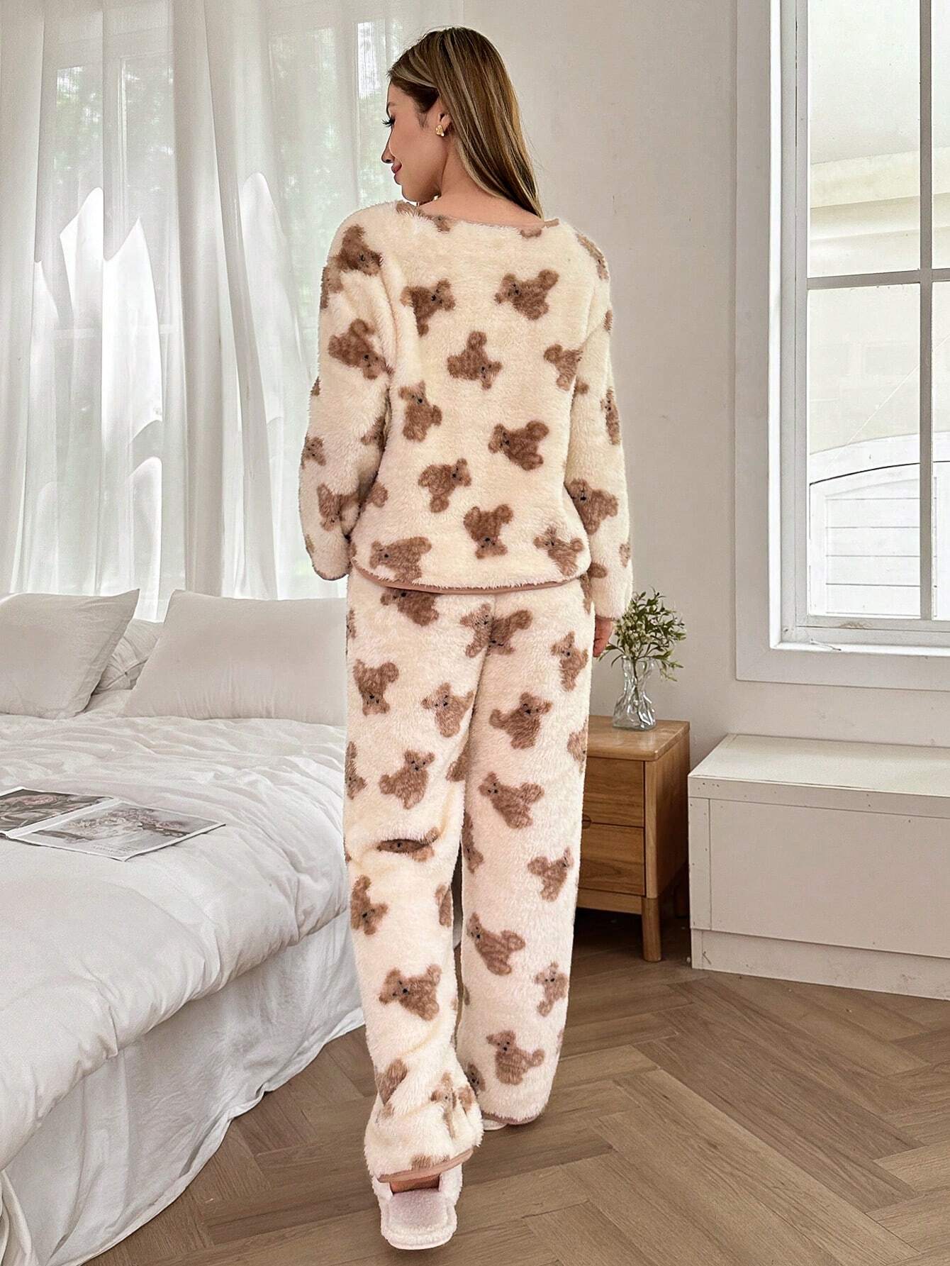 Teddy Bear Print Long Sleeve Top & Pants Fluffy Pajamas Set