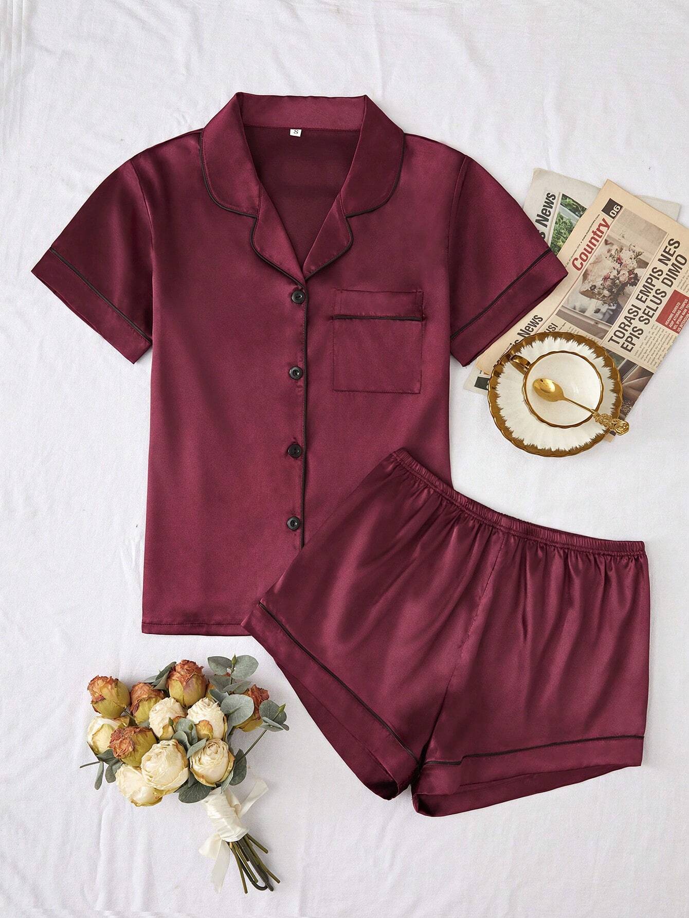 Contrast Piping Satin PJ Set Burgundy
