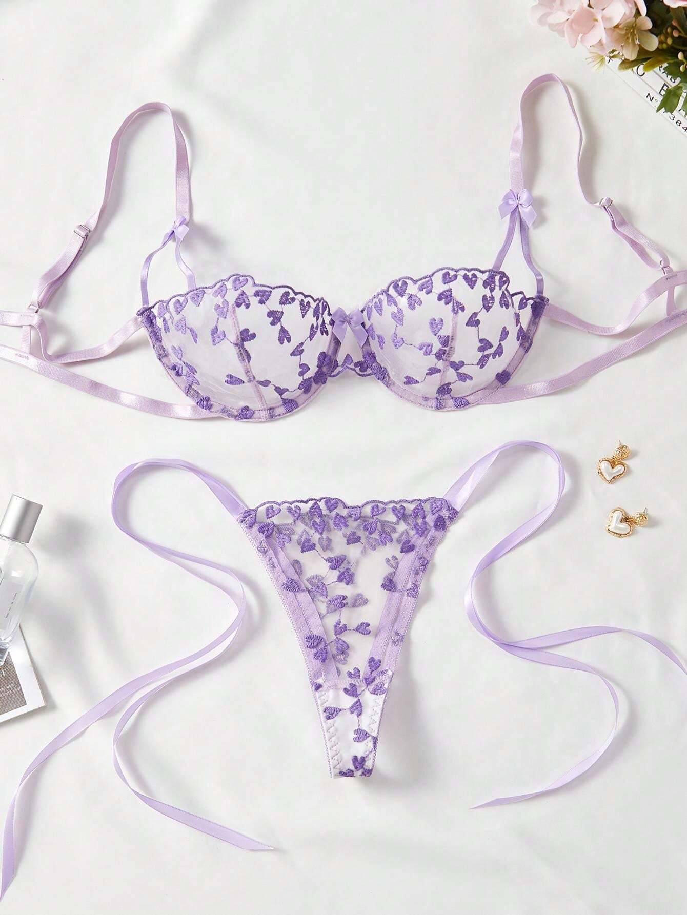 Rose Red Heart Embroidery Sheer Eroticism Bra Set