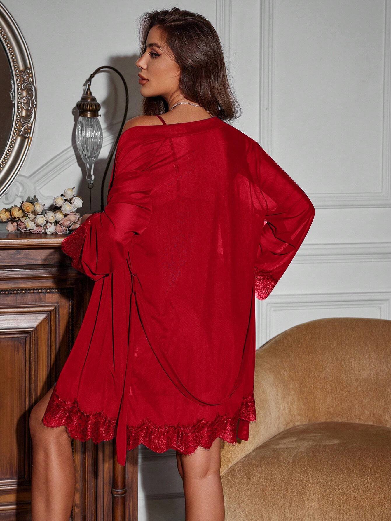 Women's Solid Color Lace Trim Robe And Camisole Sleepwear Set