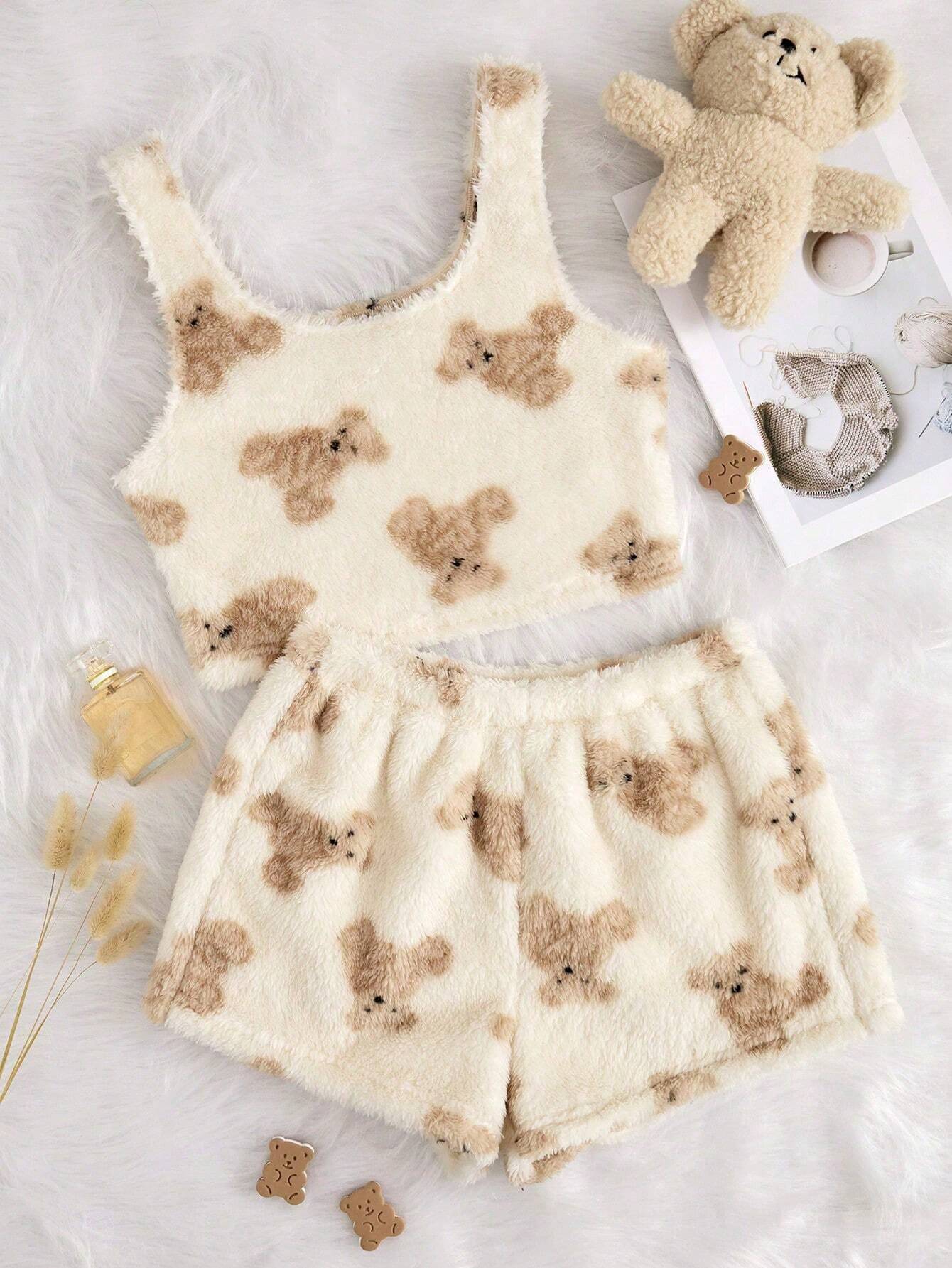 Women's Bear Print Tank Top And Shorts Pajama Set