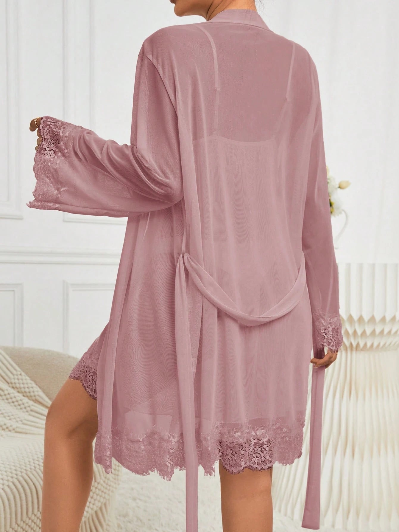Women's Solid Color Lace Trim Robe And Camisole Sleepwear Set