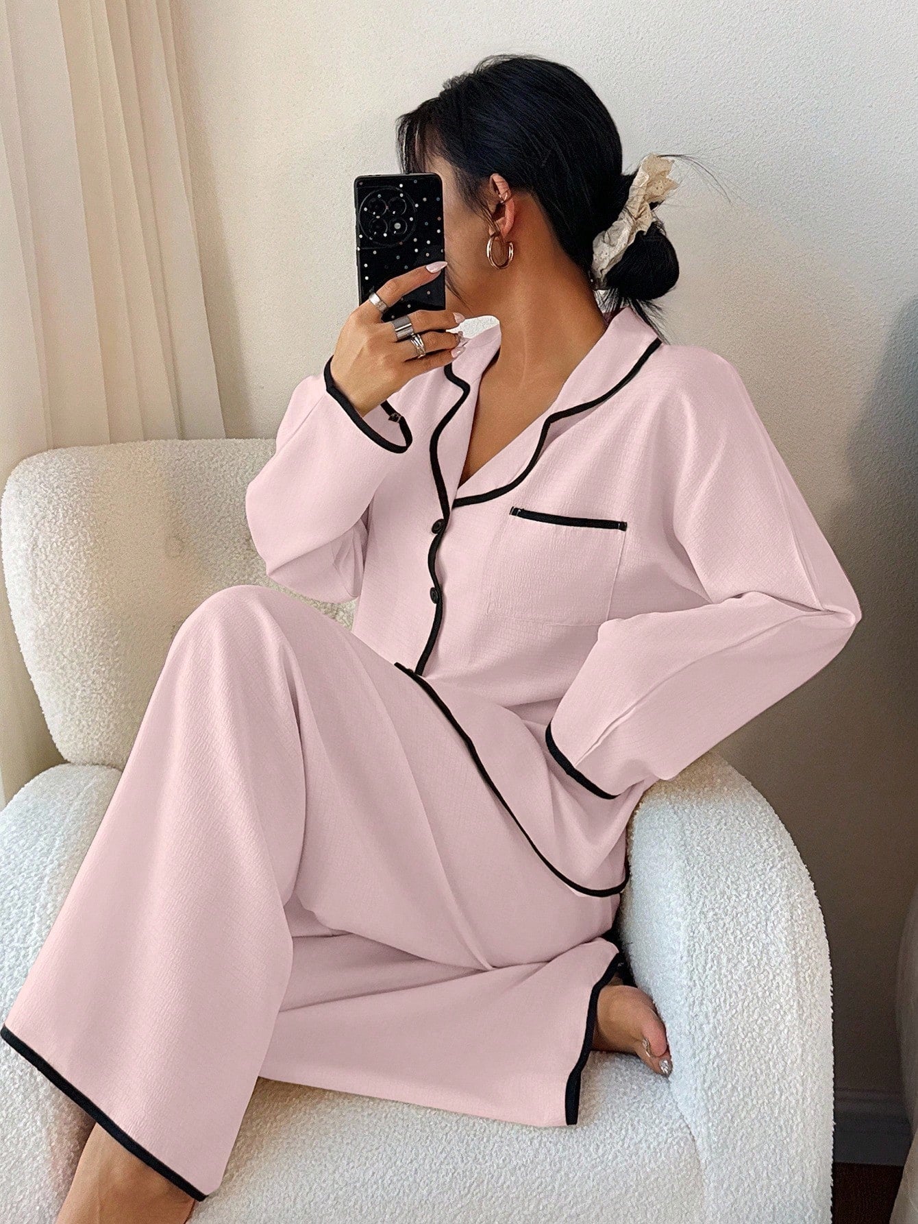 Women's Contrast Trim Lapel Loose Long Sleeve Pajama Set