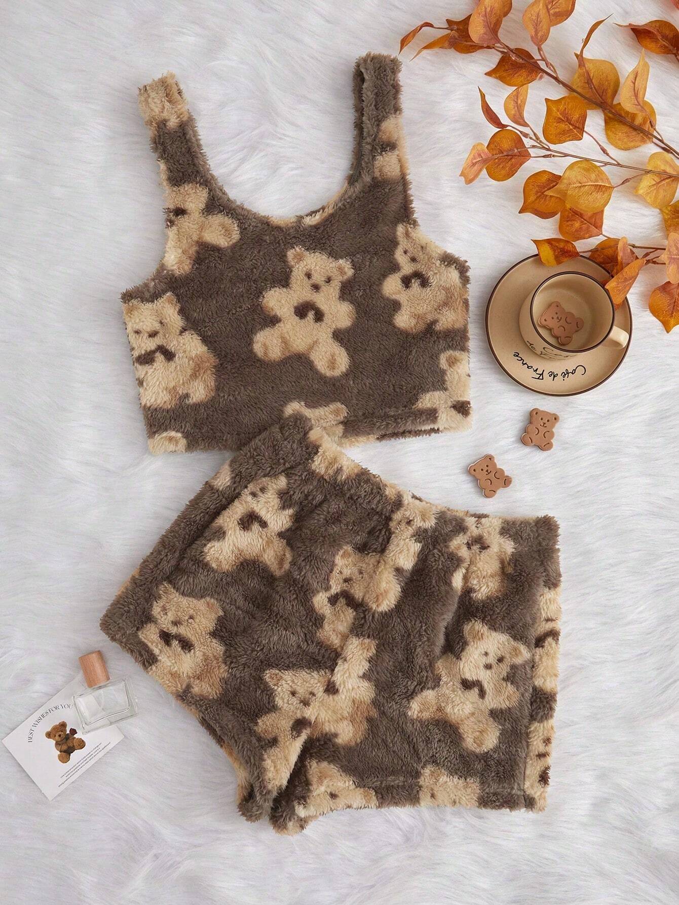 Women's Bear Print Tank Top And Shorts Pajama Set